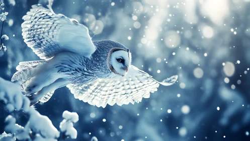 Majestic owl in flight over snowy forest, ethereal winter photography.