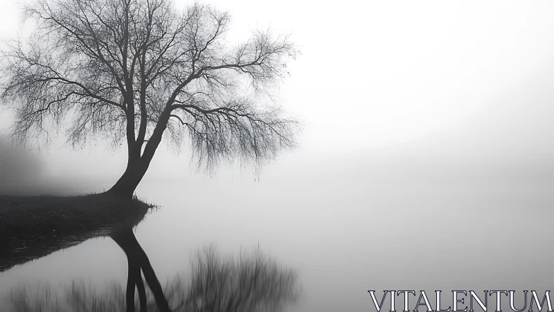 Solitary winter tree reflects across mist-covered still water