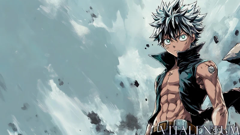 Determined anime warrior stands amid swirling storm clouds