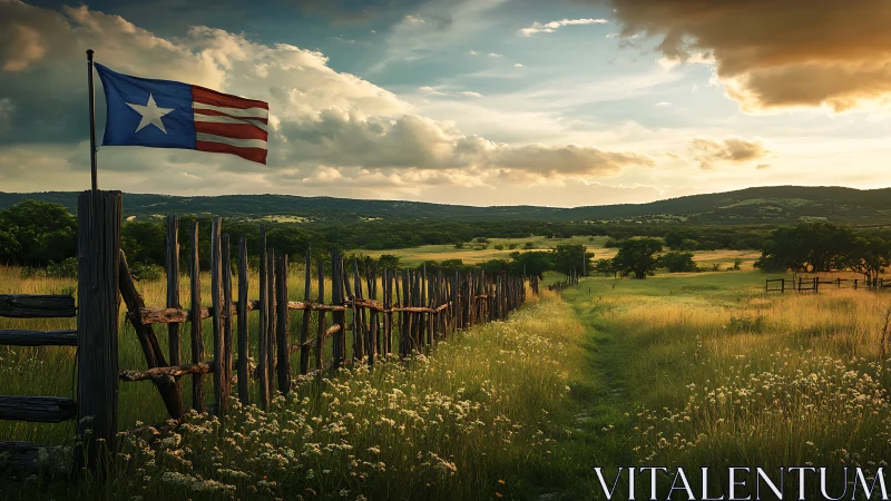 Lone star flag waves over rustic fence at golden sunset