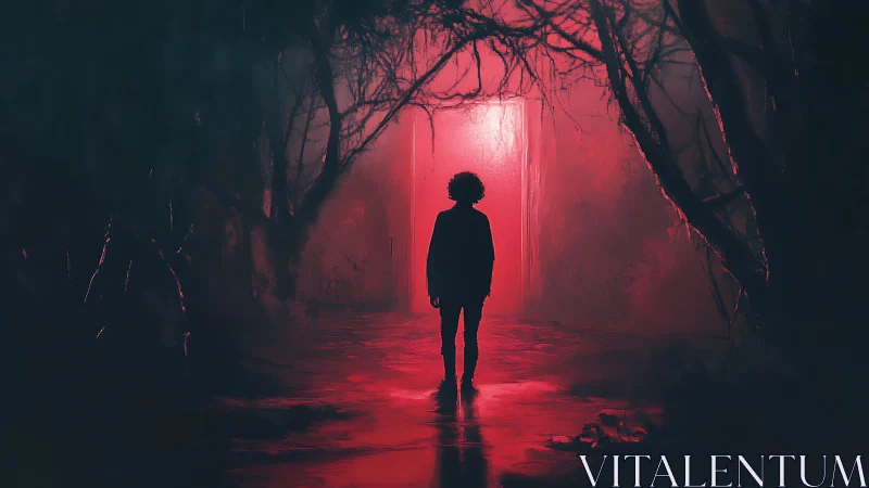 Silhouetted figure stands before glowing red portal in woods