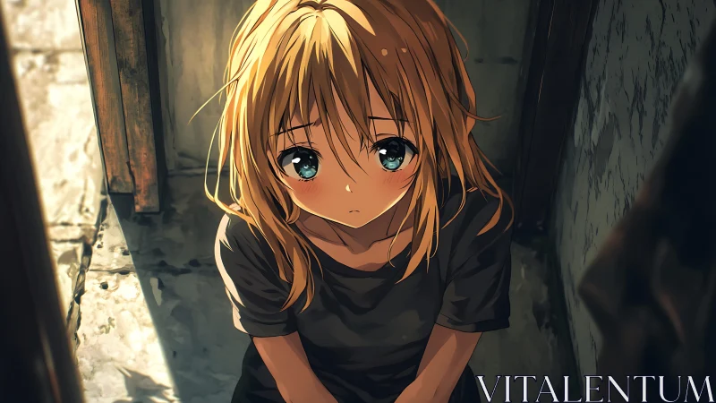 Sunlit stairwell hush with a teary blue‑eyed daydreamer.