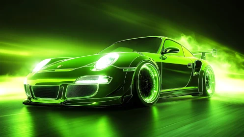 Neon green sports car races through a futuristic nightscape