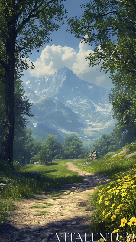 Mountain path through green valley and distant snowy peak.