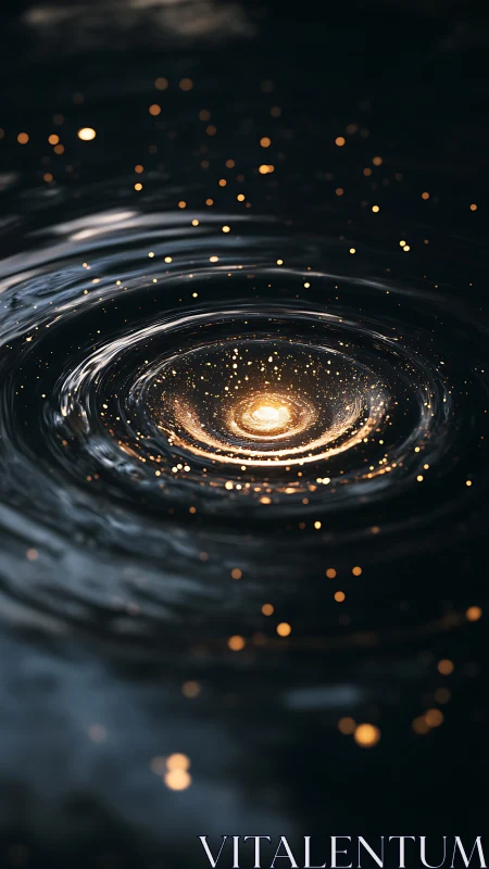 Luminous ripple vortex with golden particle constellations.