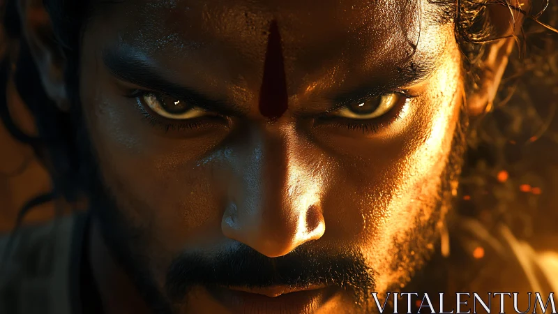 Blazing warrior gaze cuts through shadows like tempered fire