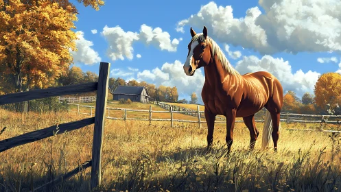 Golden autumn pasture with a calm horse and rustic barn.