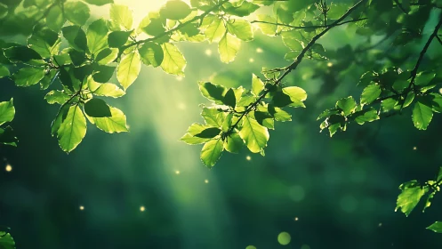 Sunlit Green Leaves in Tranquil Nature Setting, Soft Focus Effect.