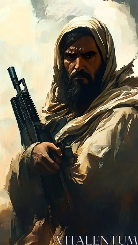 Desert warrior gripping rifle in dramatic painterly portrait.