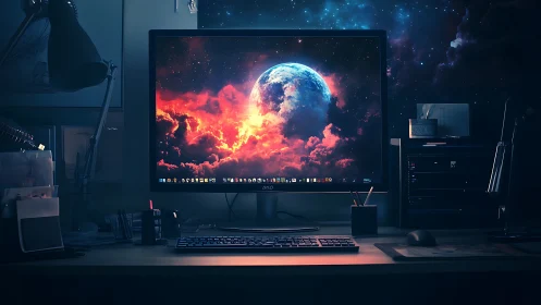 Dual-world desktop workstation with cosmic nebula display.