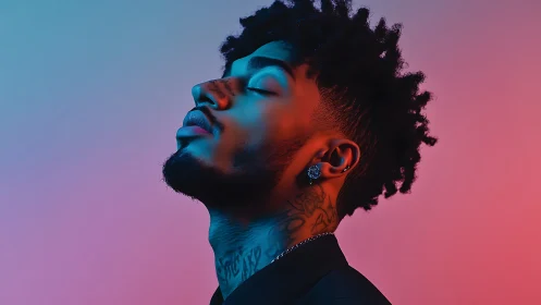 Profile portrait shows man in colored gradient studio light