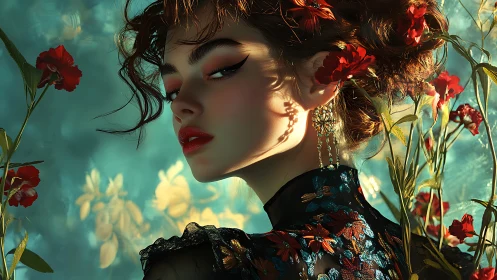 Floral-lit portrait of woman in embroidered silk dress.