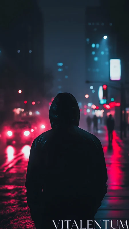 Backlit hooded figure in neon soaked rainy night city corridor