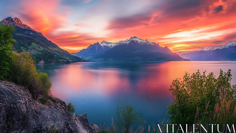 Mountain lake at sunset with snow peaks and calm water surface.