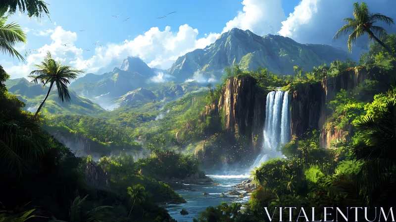 Tropical waterfall cascades through dense mountain jungle