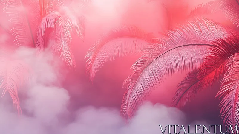 Cotton candy palms drifting through dreamy pink mist.