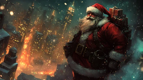 Santa soars above the glowing winter city skyline at night.