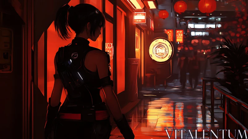 Tactical operative in neon-lit rain alleyway, cinematic framing.