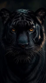 Photorealistic black tiger portrait with dramatic low-key lighting.
