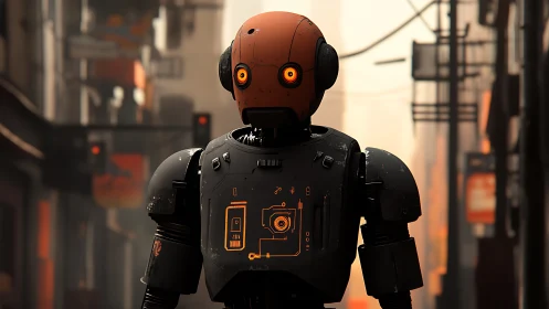 Urban sentry robot with illuminated interface in hazy alleyway.