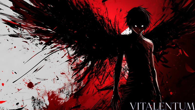 Dark winged figure in red and black abstract chaos.