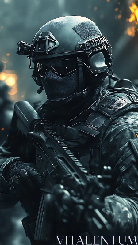 Special forces operator in combat stance with rifle.