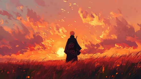 Silhouetted cloaked figure stands in tall grass at sunset