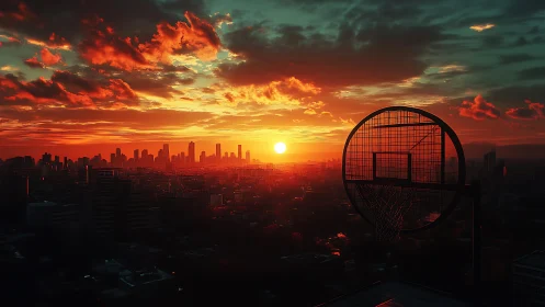 Rooftop hoop silhouette against blazing urban sunset sky.