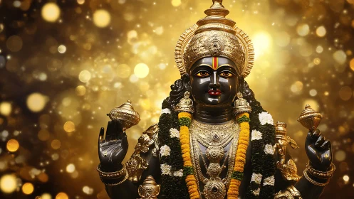 Hindu deity statue with gold ornaments on glowing backdrop.
