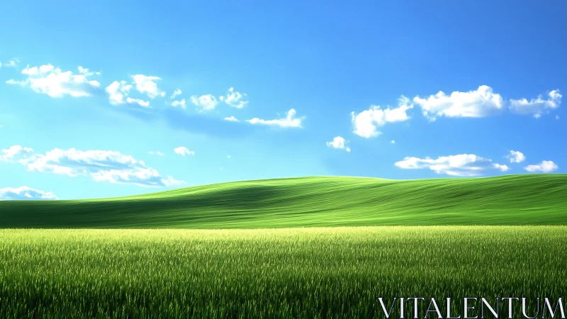 Sunlit green hills roll under a clear, tranquil blue sky