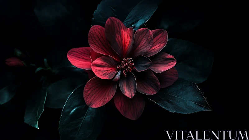 Midnight crimson bloom framed by velvety shadowed leaves.