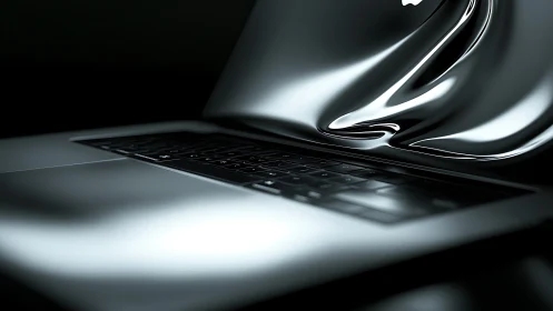 Sleek silver laptop warps into fluid, futuristic chrome