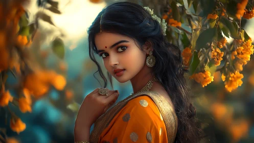 Warm-toned digital portrait of woman in sari with shallow depth