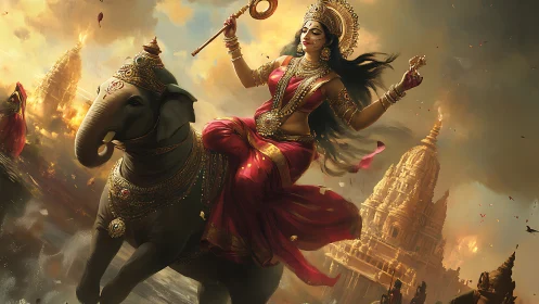 Divine goddess riding elephant amid blazing temple city.