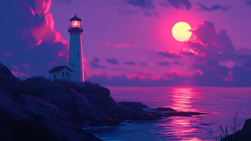 Lighthouse stands on rocky coast under stylized sunset sky