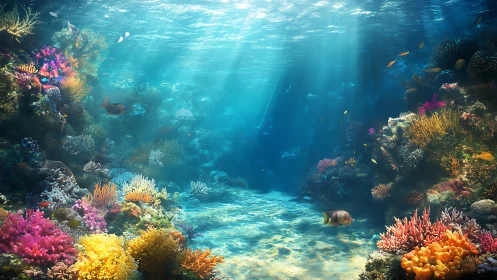 Colorful coral reef under clear blue tropical seawater light.