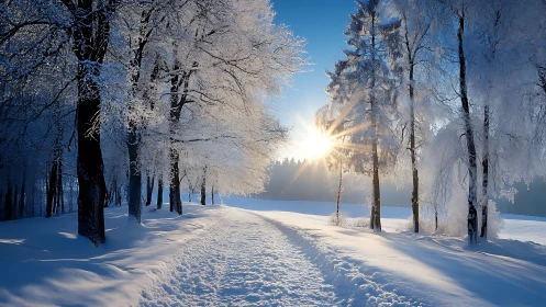 Snow-covered forest path illuminated by low winter sun