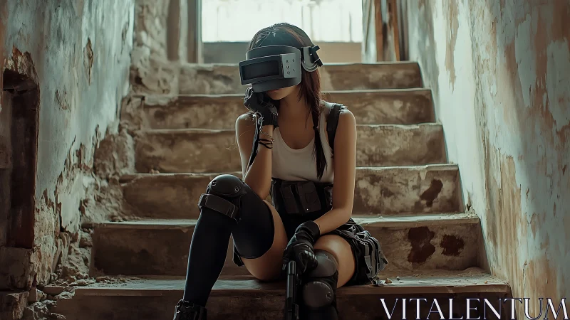 Female soldier with VR visor seated on worn concrete steps.