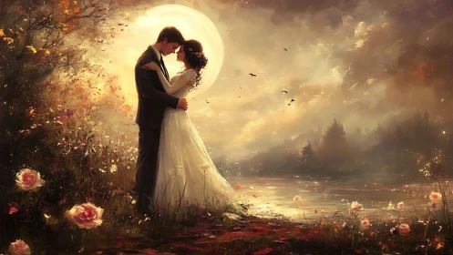 Bride and Groom Embrace Beneath Golden Harvest Moon