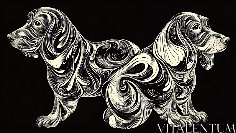 Swirled hound twins sketched in silky monochrome lines.