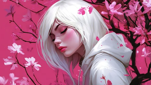 Digital painting portrait with sakura bloom chromatic field.