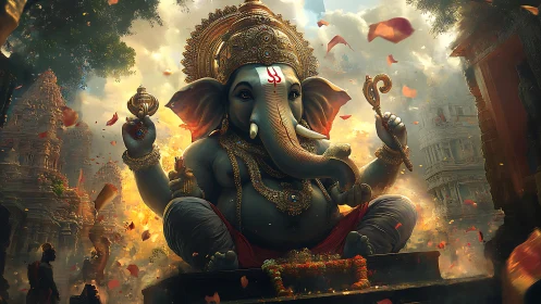 Majestic Ganesha deity rendered in cinematic digital painting