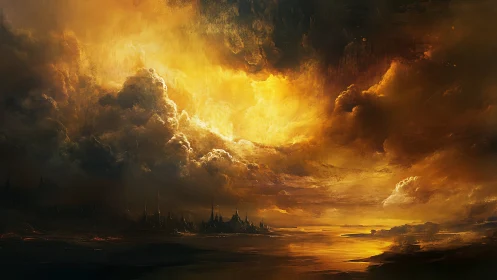 Burning sky engulfs a distant fantasy shoreline at dusk.