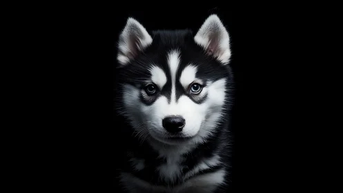Bright blue-eyed husky puppy gazes softly from the shadows