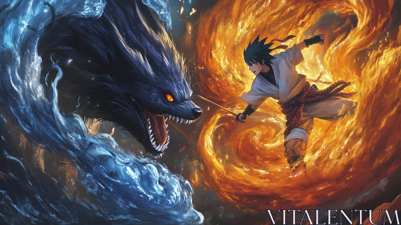 Elemental warrior vs water beast in fiery vortex clash.