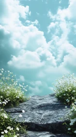 Rocky floral pathway leading toward luminous cloudscape sky.