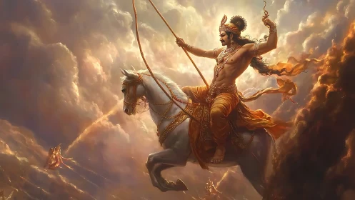 Divine warrior astride white stallion in storm-lit skies.