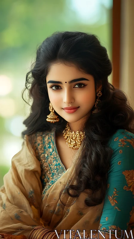 Portrait of woman in teal saree with gold jewelry.