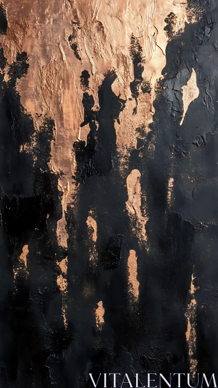Textured abstract copper and black vertical surface painting.