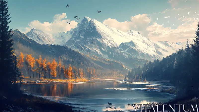 Snowcapped alpine ridge overlooking reflective autumn lake.